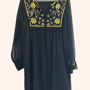 Black Dress with Yellow Floral Sequin Embroidery